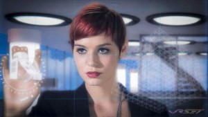 red hair female actor touching virtual screen