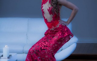 Supermodel Nadya Lavrenova posing in a fancy red dress by LA fashion designer Ani Hovsepyan