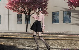 Fashion Model Yesenia Osuna Wearing Peach Open Front Collared Top With Flaired Cuffs and Black Skirt with Knee High Silk Stockings, by Top Fashion Photographer Los Angeles Orange County Video Production David Victory