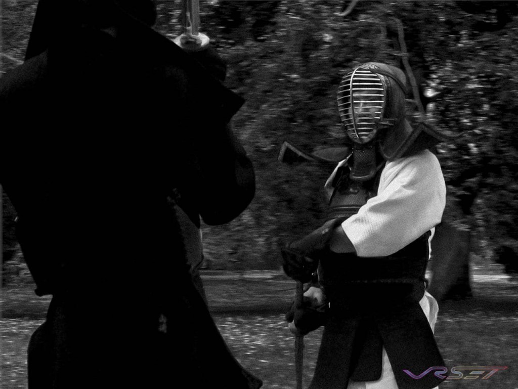 BW Kendo master in full gear outfit fighting opponent outdoors
