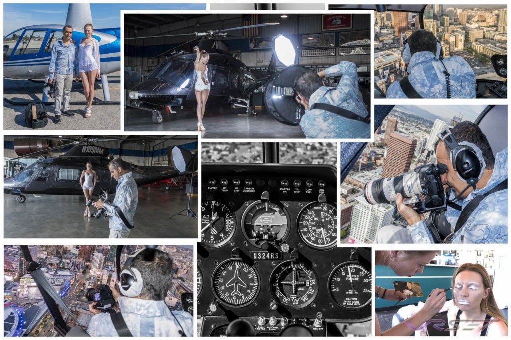 Behind the scene shots with model Marissa Centrella shooting from the R44 Raven II helicopter high above downtown Los Angeles with chief pilot Robin Petgrave, Top Los Angeles ecommerce Fashion Photograp herOrange County video production David Victory