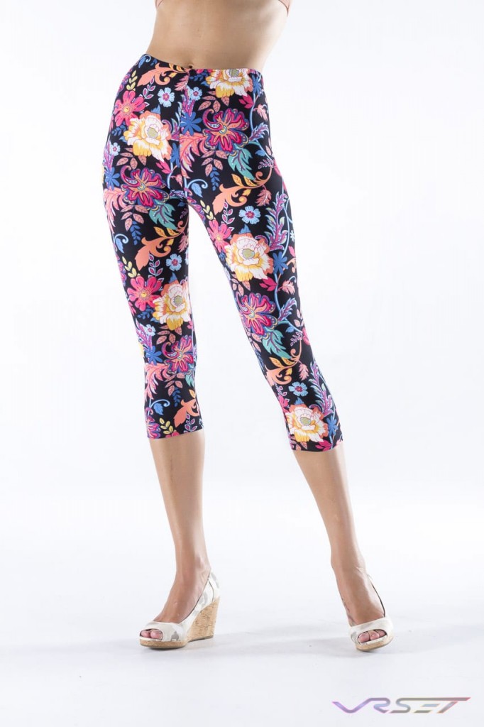 Black and floral printed capri leggings front how to shoot for Amazon FBA Shopify Ecommerce by Top Fashion Photographer Los Angeles & Orange County Video Production David Victory