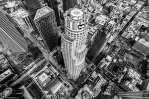 Extreme wide angle aerial architectural photography of US Bank Tower the tallest building in California by top fashion photographer Los Angeles & Orange County Video Production David Victory Behind The Scenes