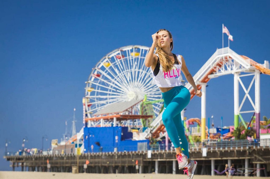 EU Sportswear Fashion White Top Printed Aqua Leggings Santa Monica Pier Model Alina Shelestyuk Orange County Los Angeles Fashion Photographer