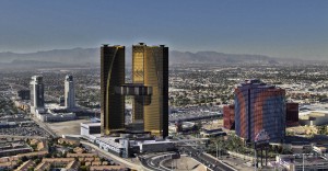 Second view of triple tower CGI building connected via a ring structure, opposite Rio Las Vegas