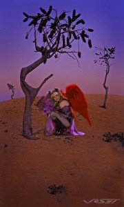 blonde actress red angel wings desert evening