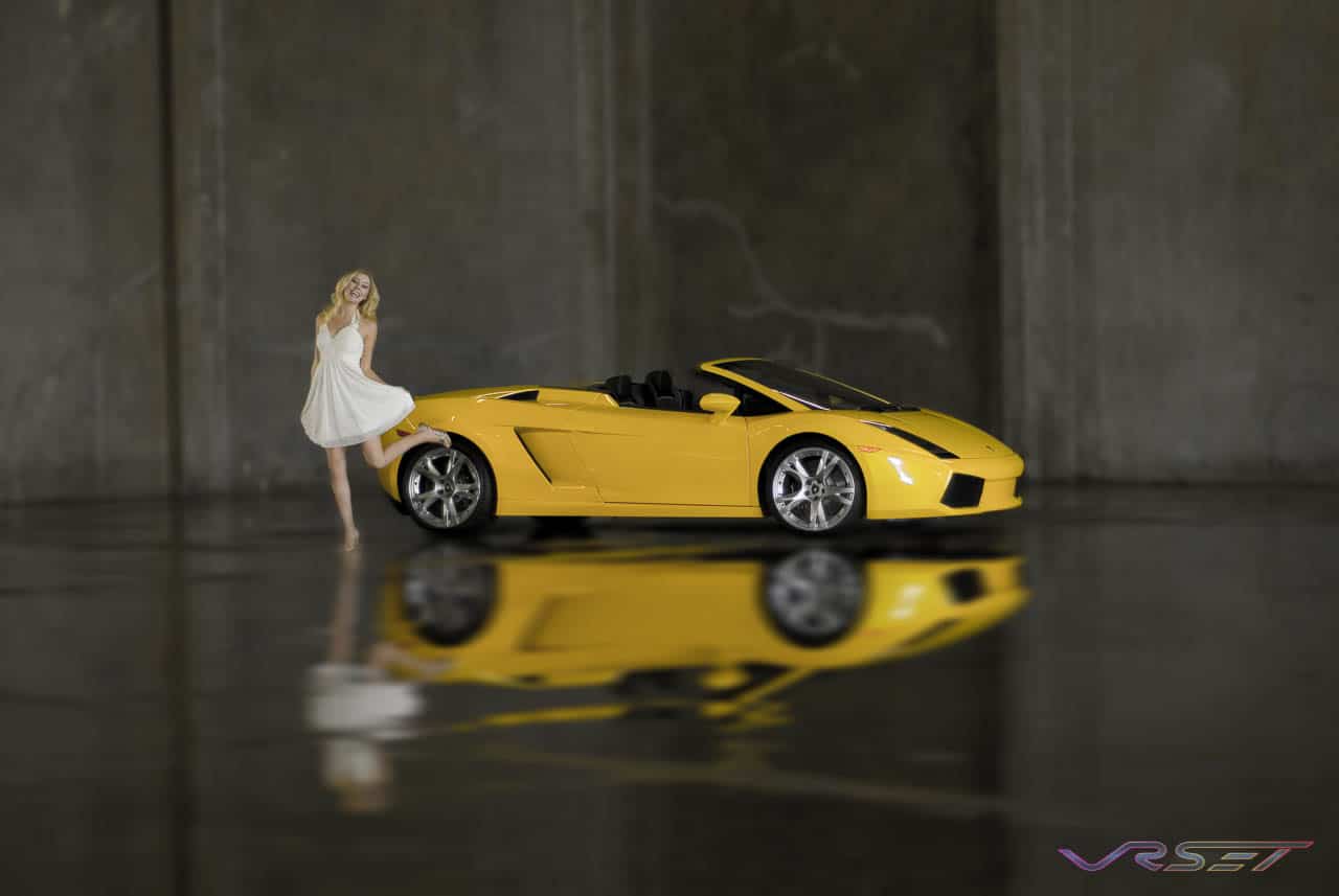 blonde female model yellow lamborghini gallardo convertible miniature effect