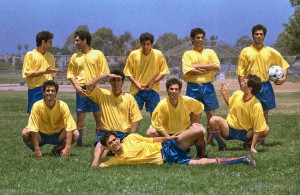 Shot on film to control the harsh lighting, this soccer team has 11 members who are all the same person, including the one behind the camera. Photographed by photographer in L.A.