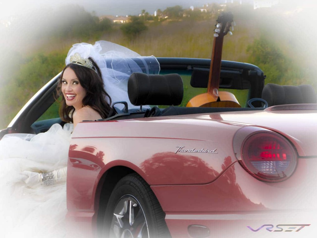 woman wedding dress blush colored convertible car