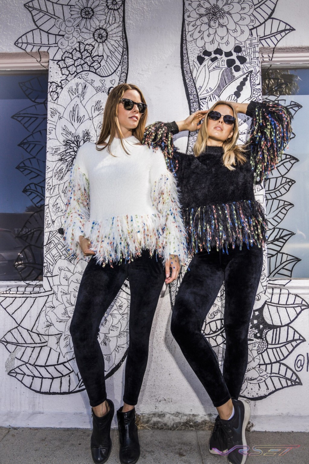 Lookbook Black And White Feathered Fuzzy Tops Two Female Models Top Fashion Photographer Los Angeles Orange County Video Production David Victory