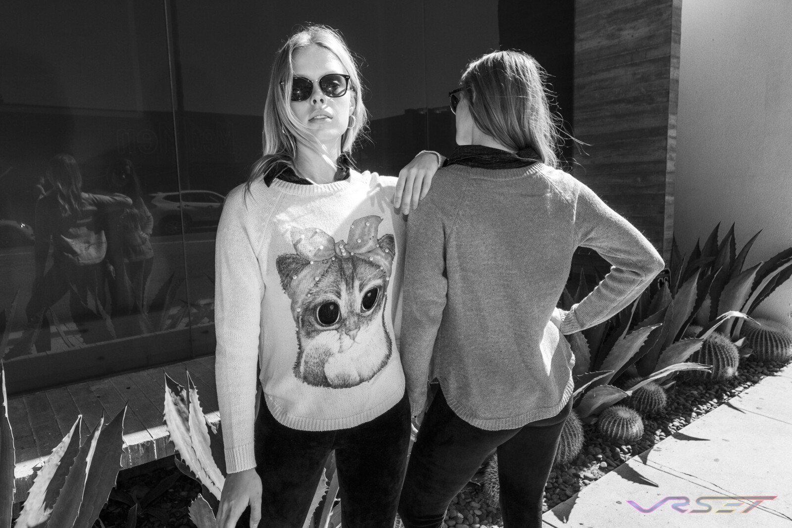 Lookbook Cat Print Knitted Sweater Two Female Models Black And White Top Fashion Photographer Los Angeles Orange County Video Production David Victory