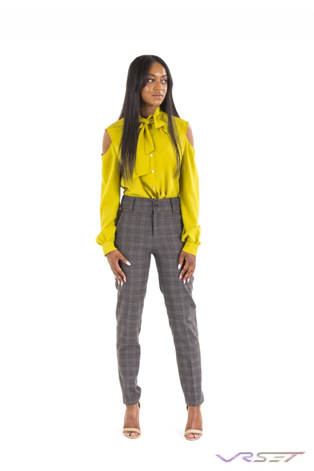 eCommerce Model Brown Plaid Slacks Gold Shirt Cutout Shoulders Large Bow Top Fashion Photographer Los Angeles Orange County Video Production David Victory