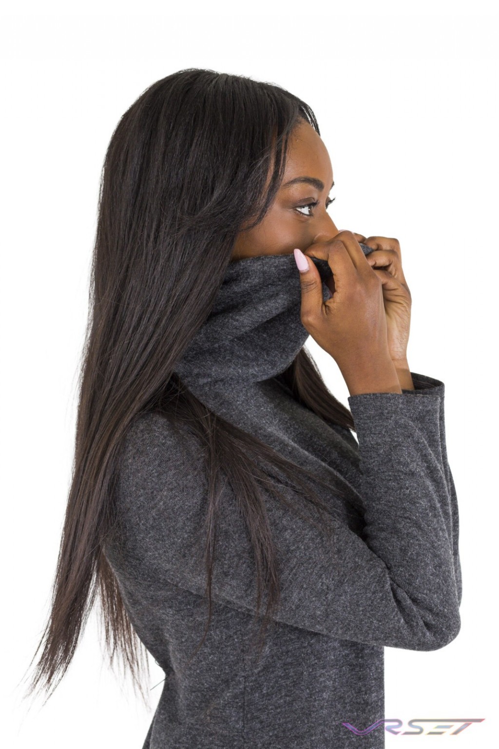 eCommerce Model Gray Long sleeve winter sweater dress loose turtleneck Profile Top Fashion Photographer Los Angeles Orange County Video Production David Victory