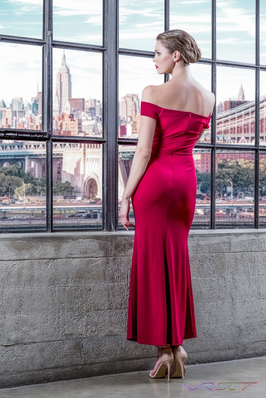 Model Anna Vasiltsova Red Off Shoulder Dress Designer Bonnie Kim Zoe Couture Studio Catalog Fashion Photography NY