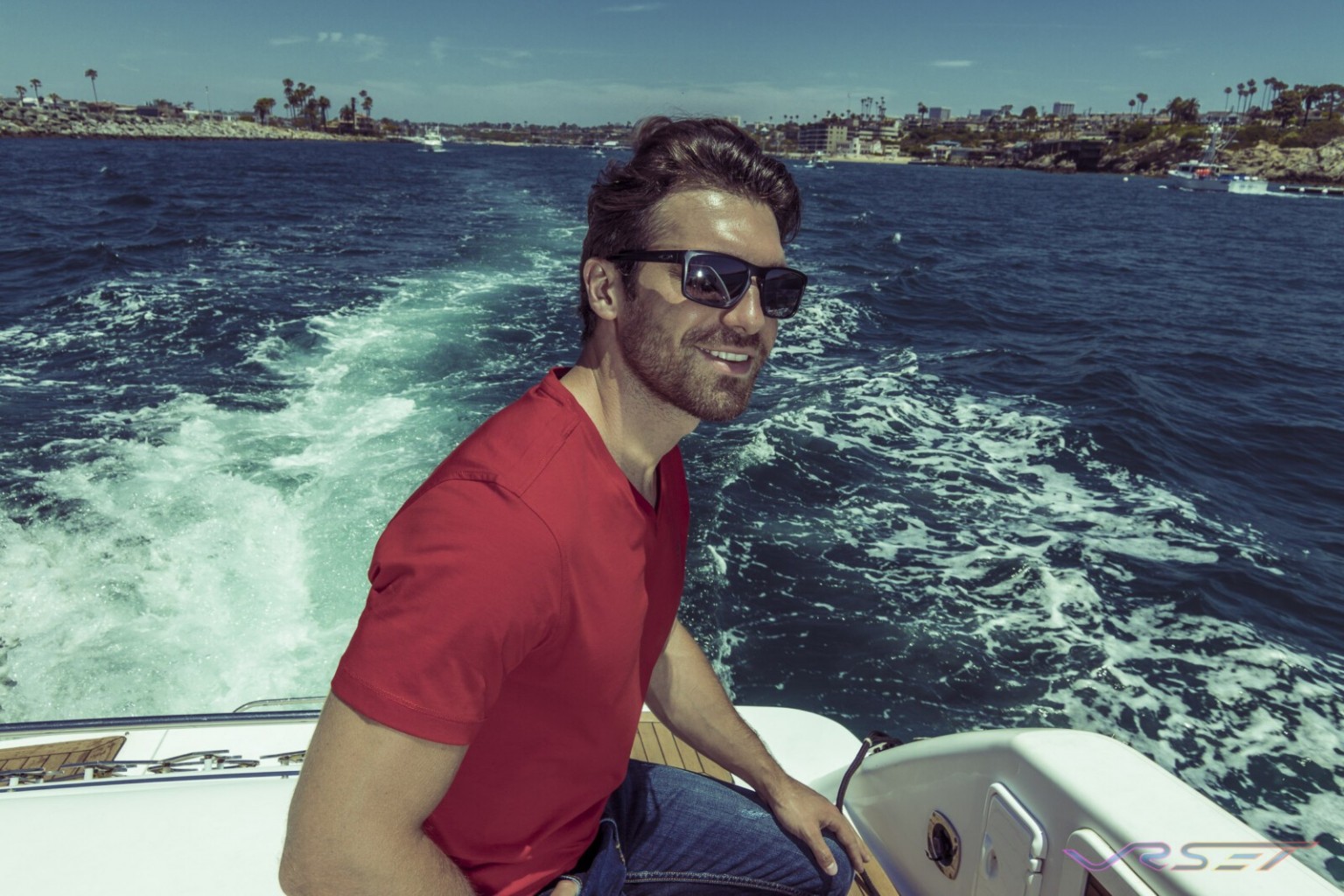 Model Gamzat Lu Red Fitted Supima Tshirt Lifestyle Fashion Photography Johnwin Menswear Brand Onboard Yacht OC Coast