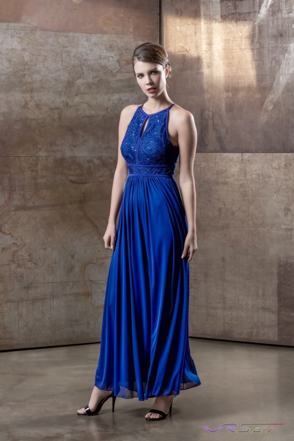 Model Sabrina Janssen Blue Sequin Top Draped Evening Dress Designer Bonnie Kim Zoe Couture Studio Catalog Fashion Photography LA