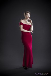 Model Sabrina Janssen Red Off Shoulder Dress Designer Bonnie Kim Zoe Couture Studio Catalog Fashion Photography LA