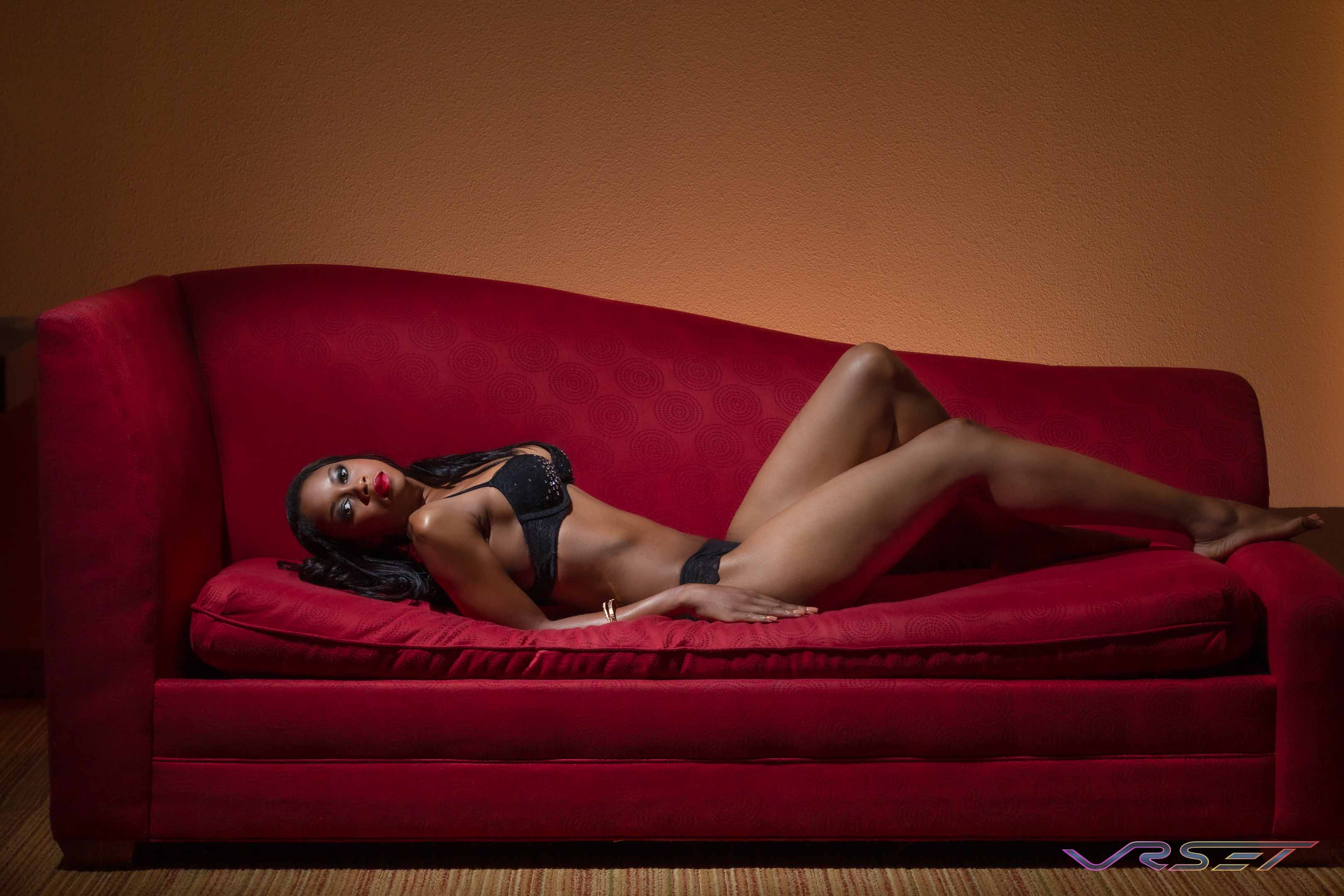 Boudoir Photography Los Angeles Black Lingerie Red Couch David Victory Fashion Photographer Los Angeles