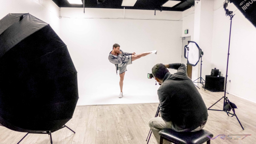 Male Model Martial Arts Kick During Photography Wearing Athletic Brand Clothes At An La Clothing Photography Studio