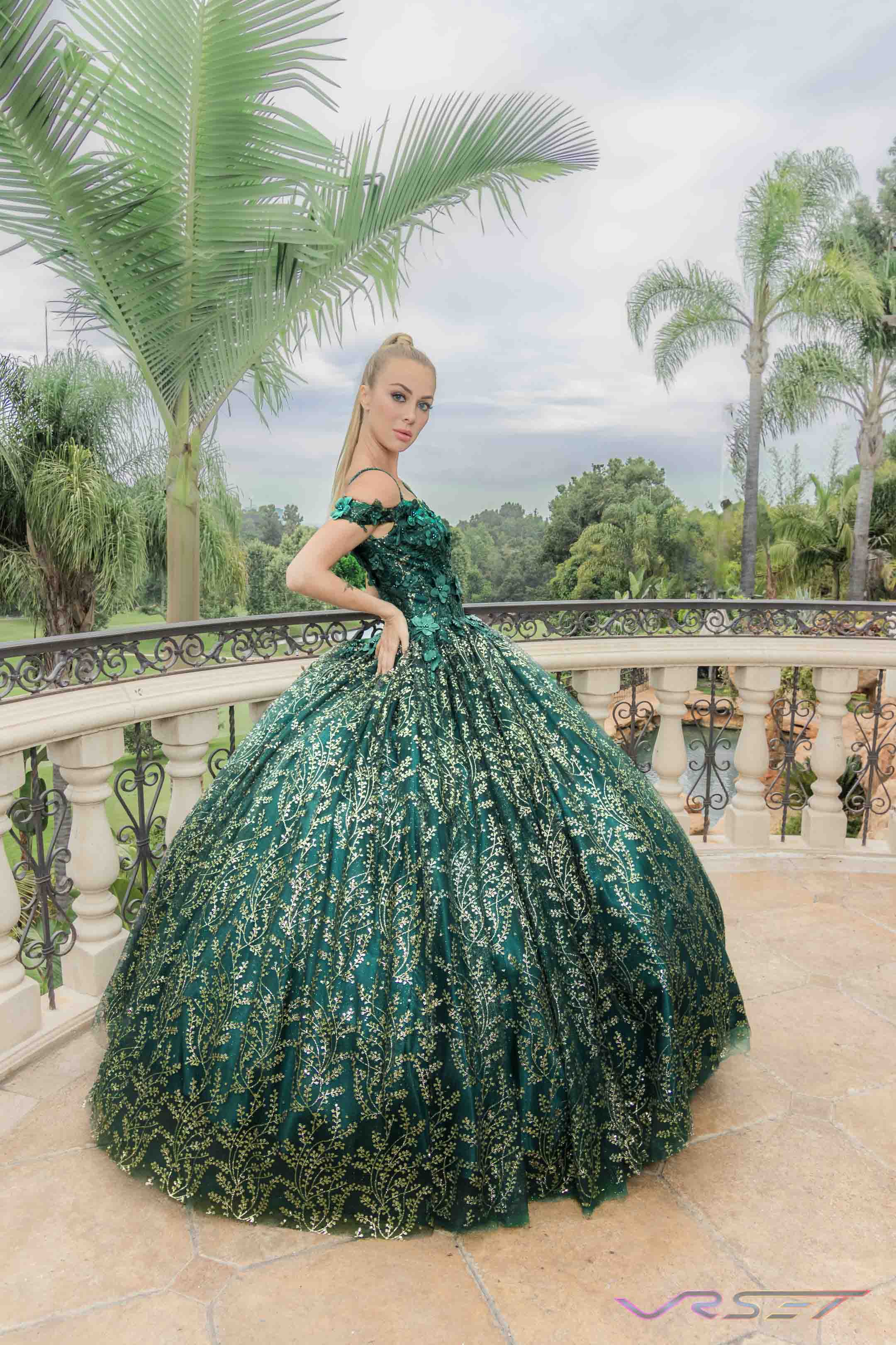 Jade Green Quinceanera Gown With Gold Embroidery On Model Lifestyle Brand Photo Session David Victory Clothing Photography Los Angeles