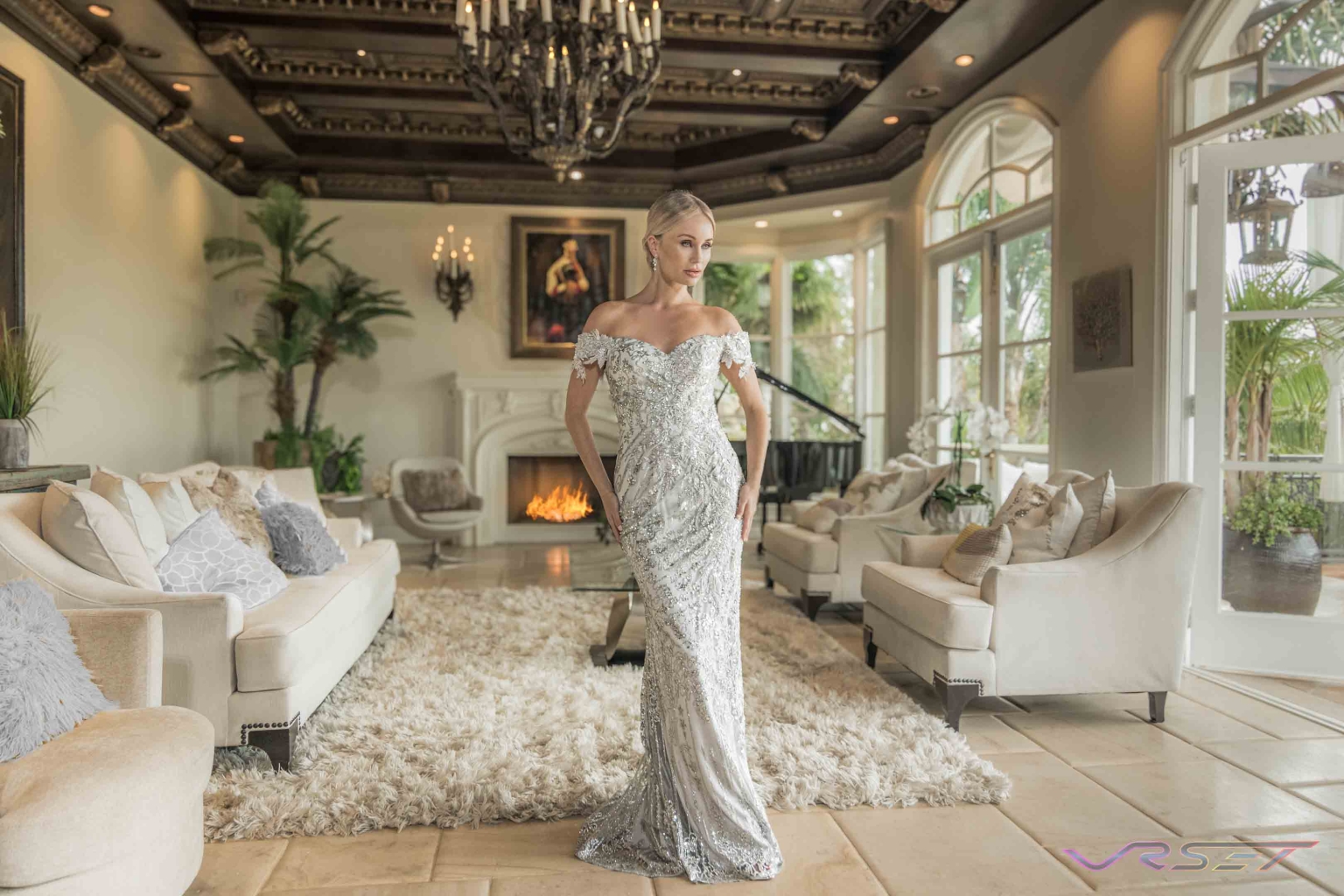 Long Sequin Off Shoulder Silver Dress On Model Lifestyle Brand Photo By David Victory Clothing Photography Los Angeles