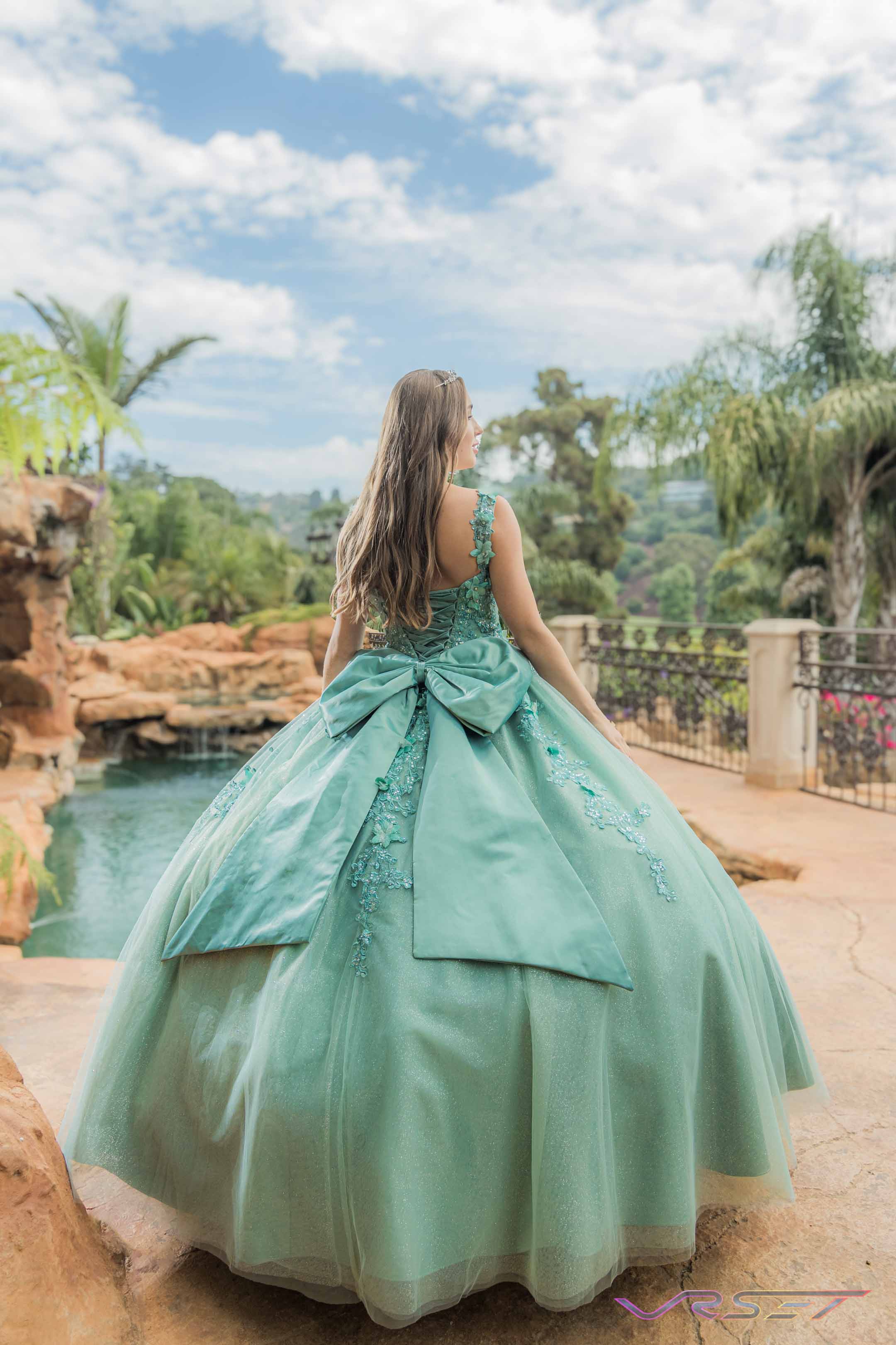 Mint Green Quinceanera Gown With Large Bow On Model Lifestyle Brand Photo Session David Victory Clothing Photography Los Angeles