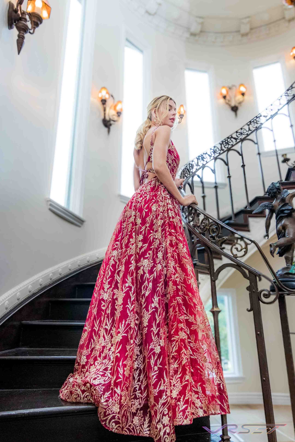Open Back Red Gown With Gold Embroidery On Model Lifestyle Brand Photo Session David Victory Clothing Photography Los Angeles