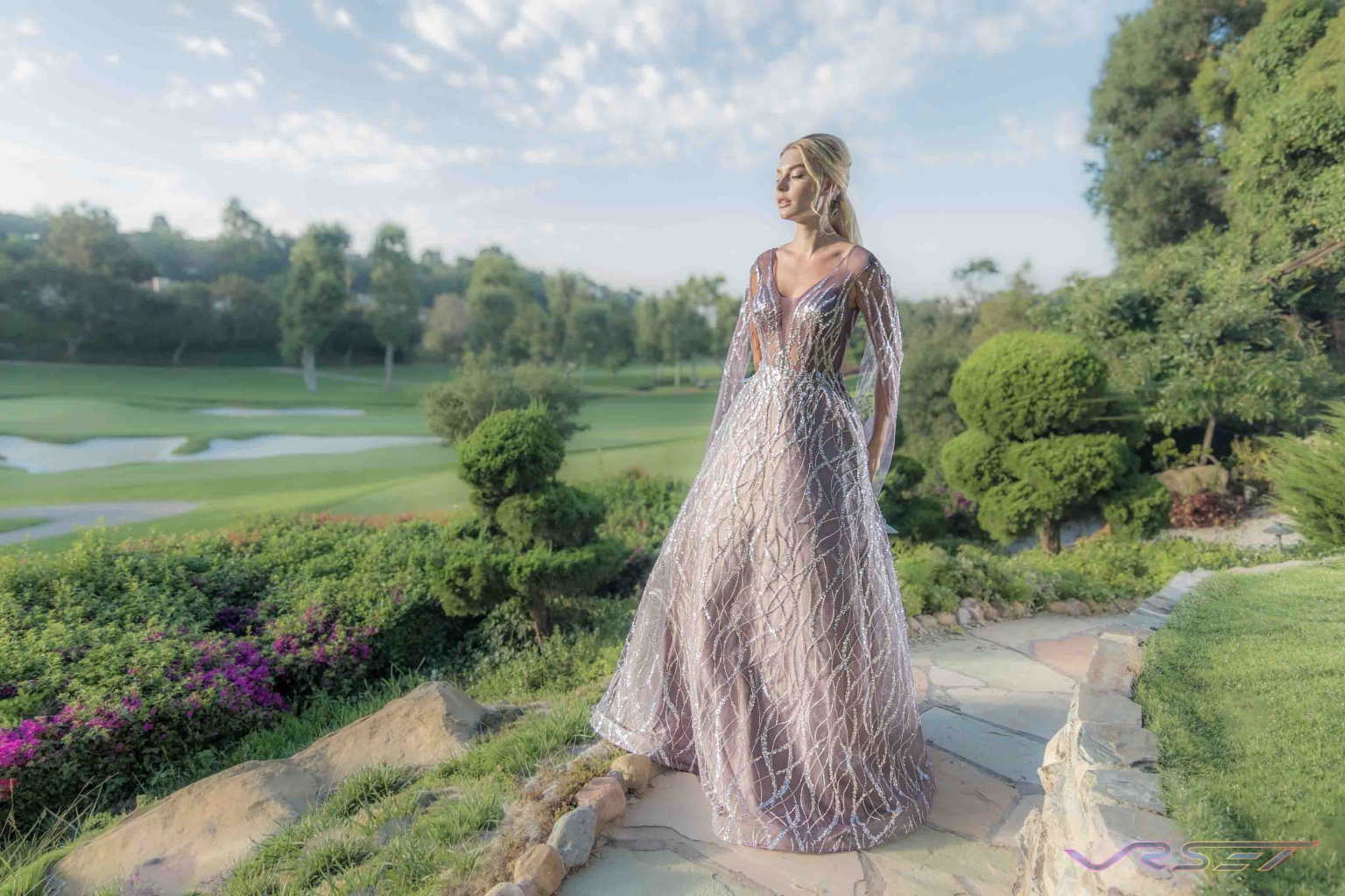 Silver Long Gown See Thru Layered Fabric On Model Lifestyle Brand Photo Session David Victory Clothing Photography Los Angeles