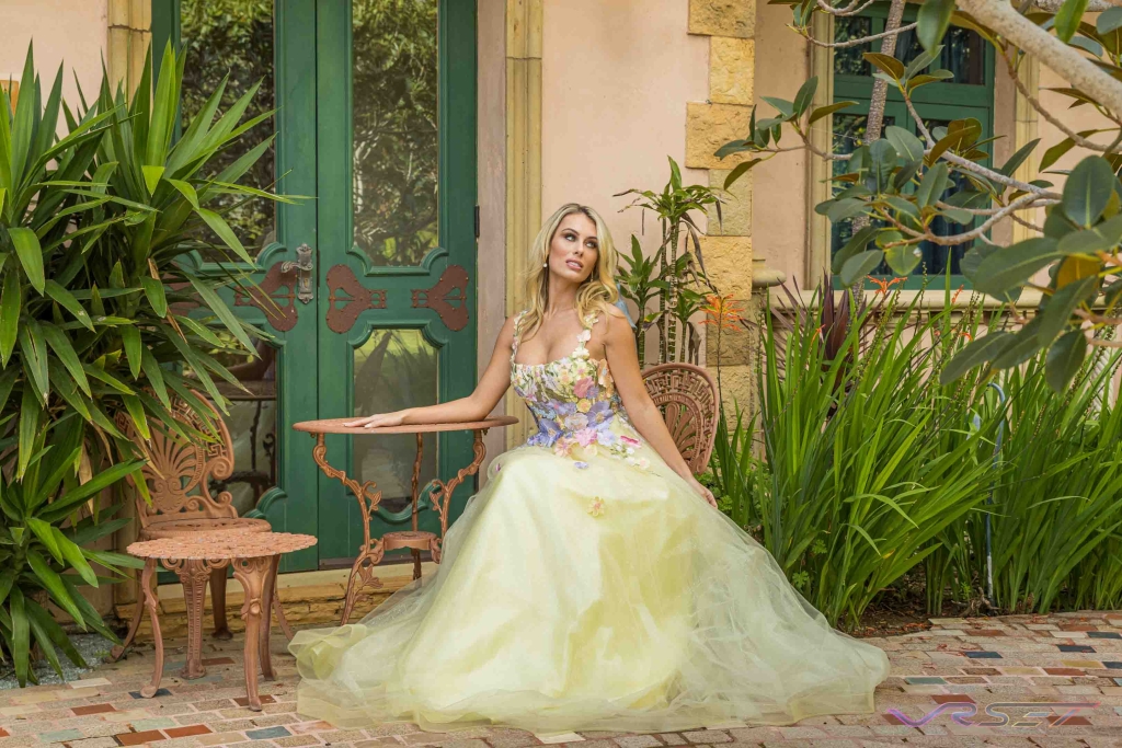 Lemon Embroidered Chiffon Gown Garden Lifestyle Clothing Photography David Victory Fashion Photographer Los Angeles