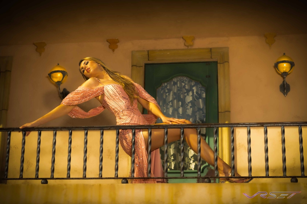 Off Shoulder Crystal Studded Pink Gown Balcony Orial Photography David Victory Fashion Photographer Los Angeles