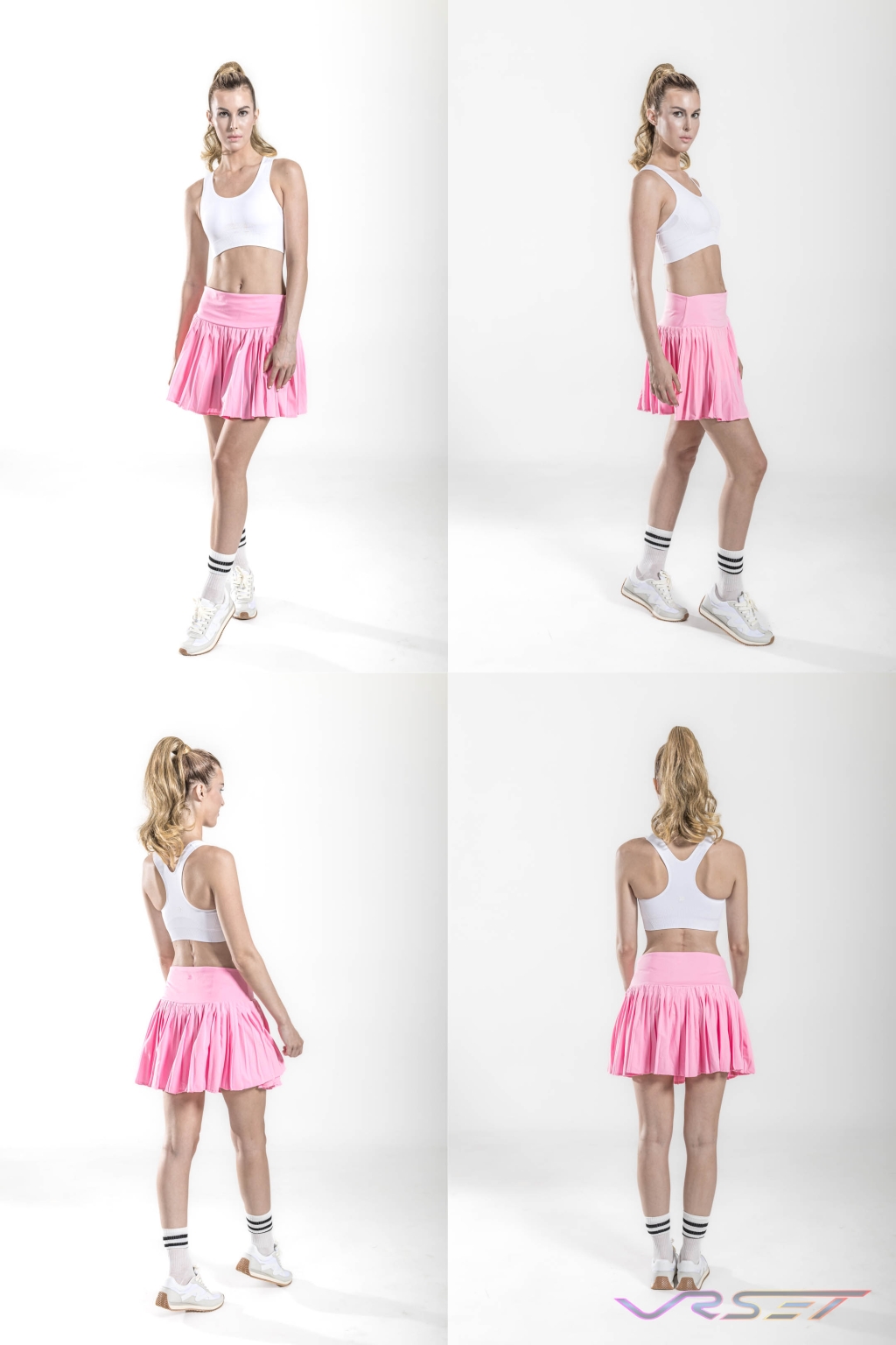 Pickleball apparel shown on model as a coordinated wardrobe in the studio