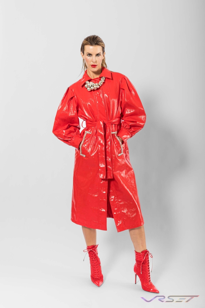 Clothing Photography Studio Amazon Ecommerce Shiny Long Red Womens Trench Coat David Victory Fashion Photographer La