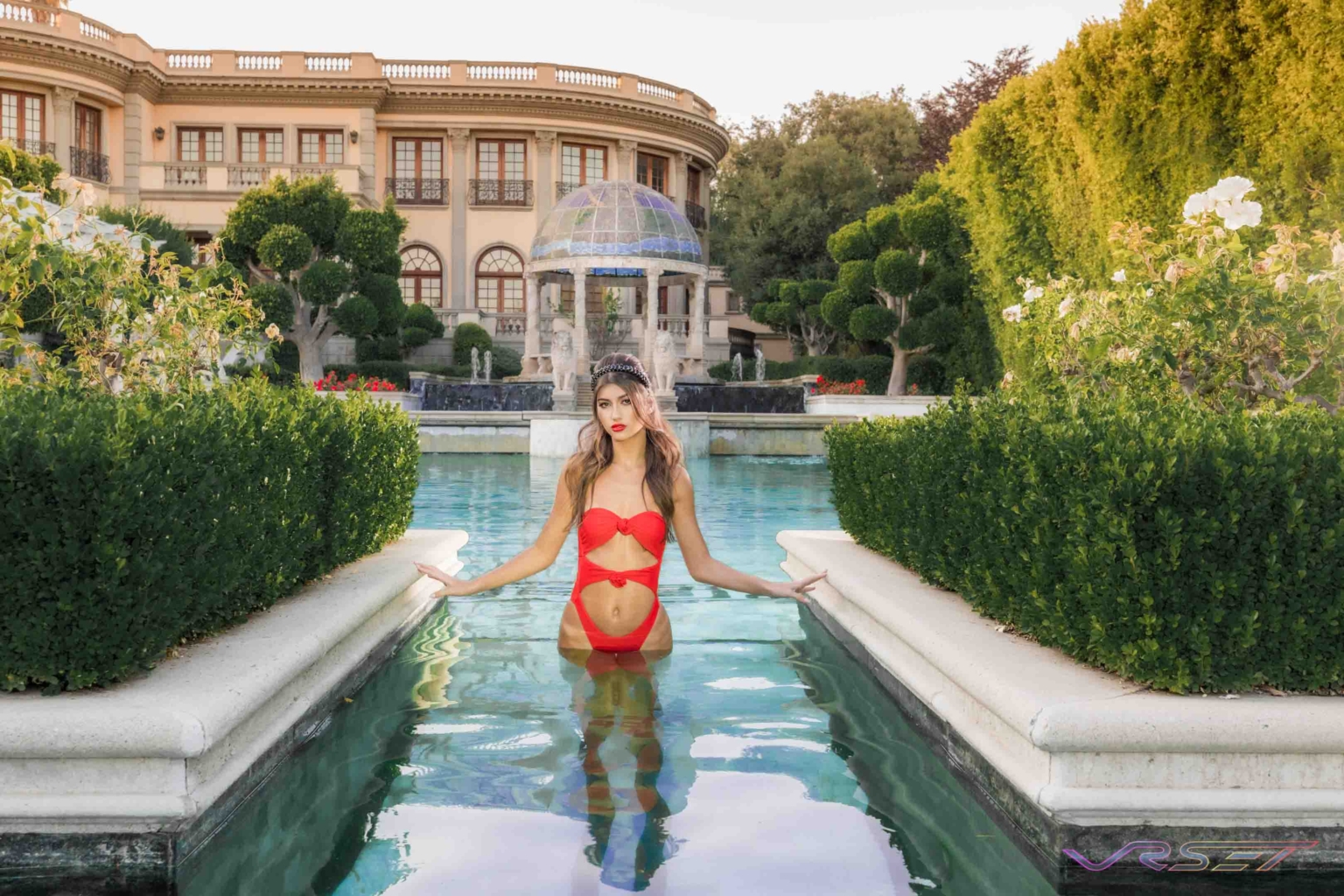 Designer Red Swimsuit Opulent Pool David Victory Fashion Photographer Los Angeles