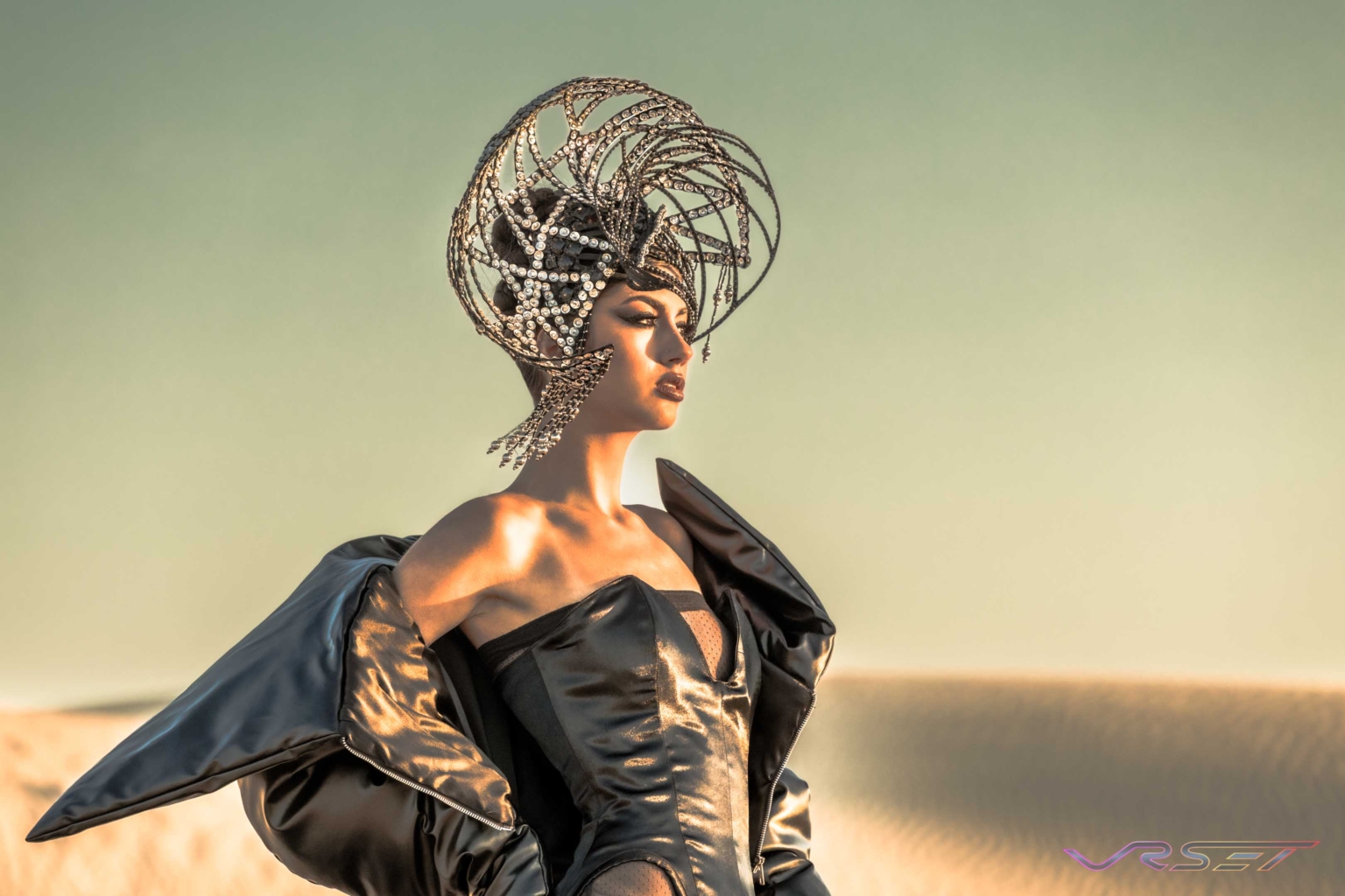 Haute Couture Designer Bishme Black Gown Custom Crystal Headdress Closeup Editorial Sand Dunes David Victory Fashion Photographer Los Angeles