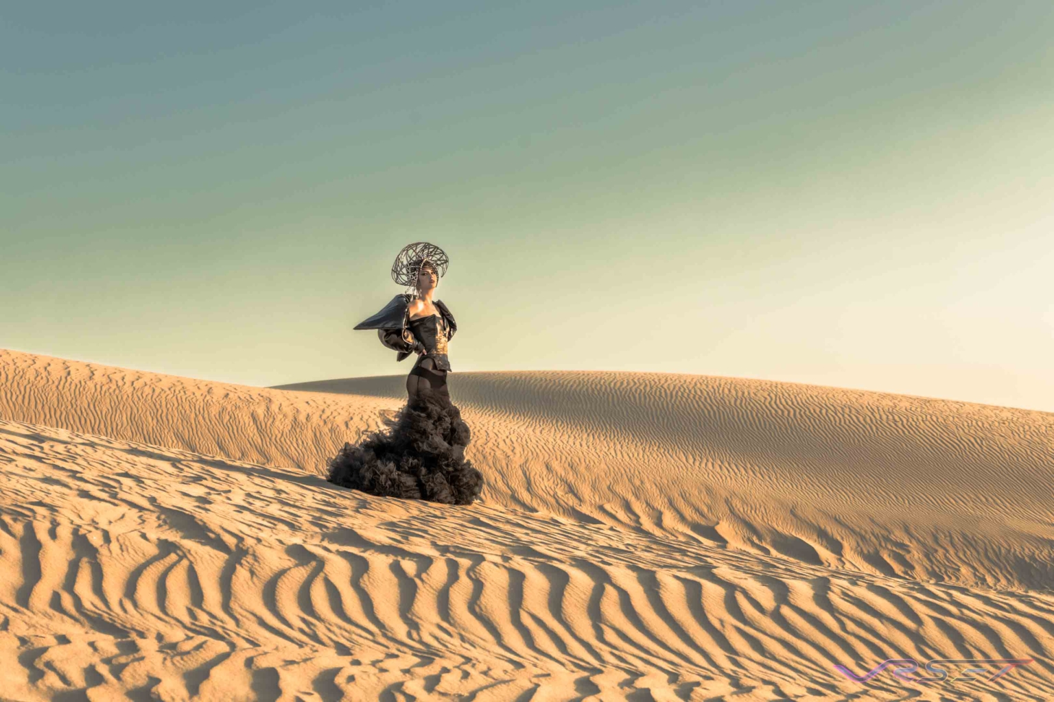 Haute Couture Designer Bishme Black Gown Custom Crystal Headdress Editorial Sand Dunes Long Shot David Victory Fashion Photographer Los Angeles