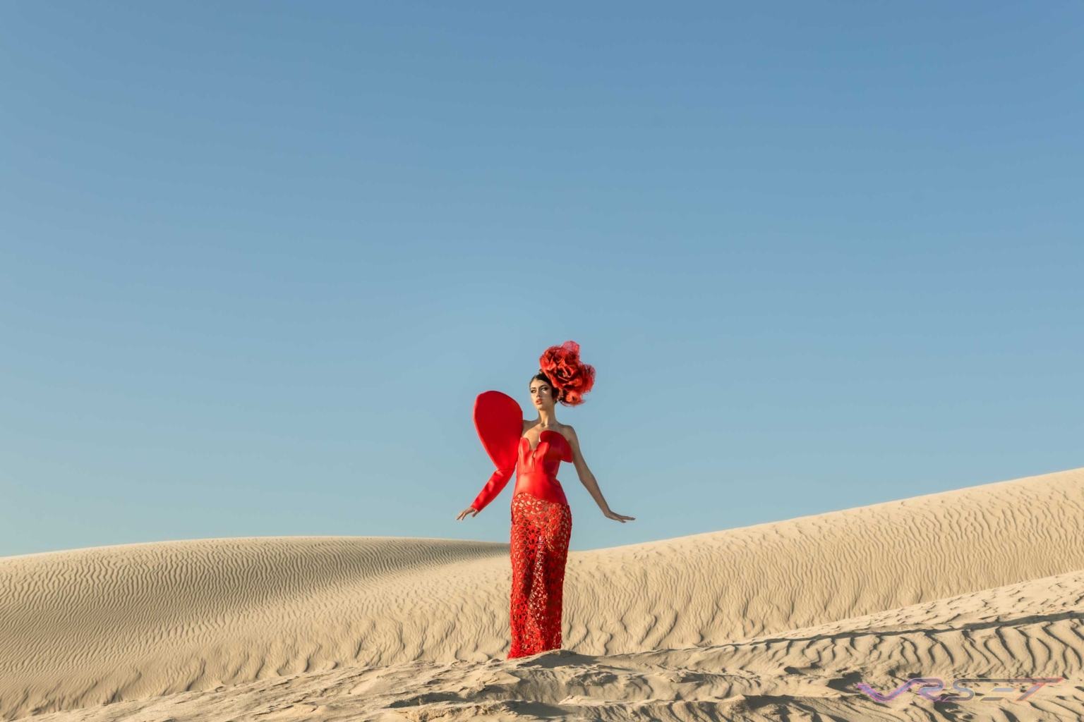 Haute Couture Designer Bishme Red Leather Gown Flower Headdress Editorial Sand Dunes David Victory Fashion Photographer Los Angeles