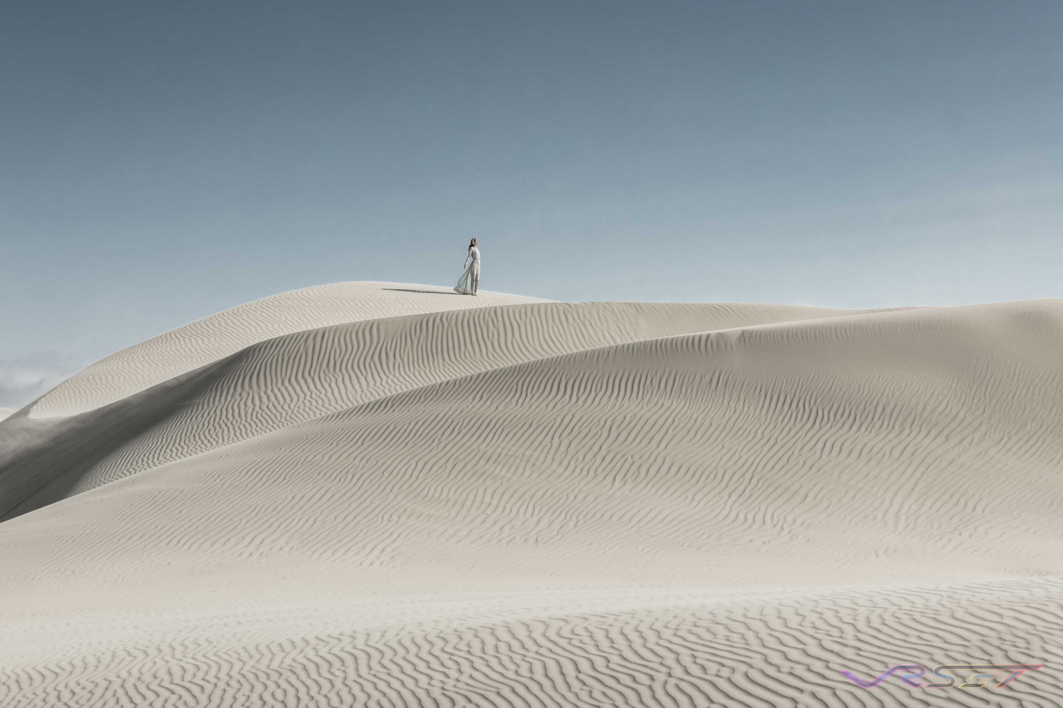 Haute Couture Designer Maribel Silver Caped Gown Editorial Sand Dunes Extreme Long Shot David Victory Fashion Photographer Los Angeles