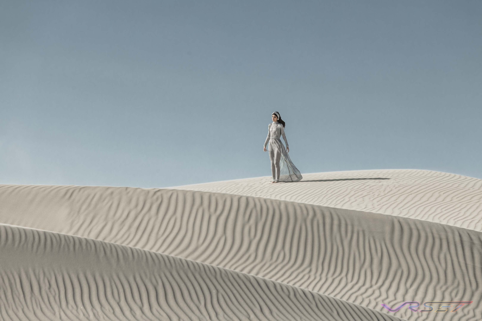 Haute Couture Designer Maribel Silver Caped Gown Editorial Sand Dunes Long Shot David Victory Fashion Photographer Los Angeles