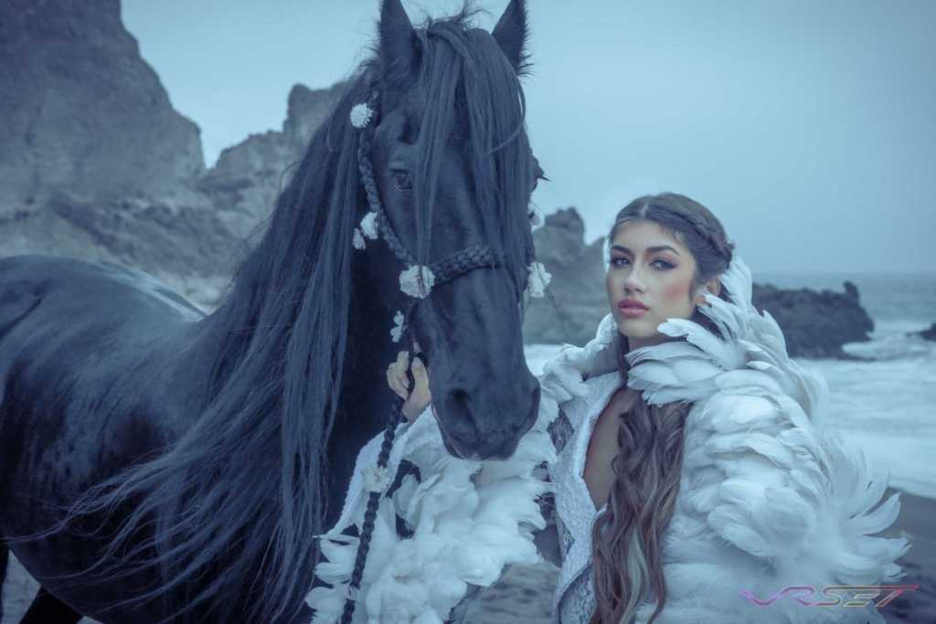 Haute Couture White Feathers Designer Dress Black Horse Editorial Campaign David Victory Fashion Photographer Los Angeles
